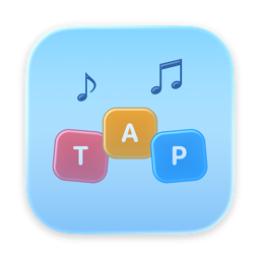 Icône de Tapotin : trois touches de clavier colorées formant le mot TAP, avec des notes de musique